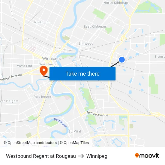 Westbound Regent at Rougeau to Winnipeg map