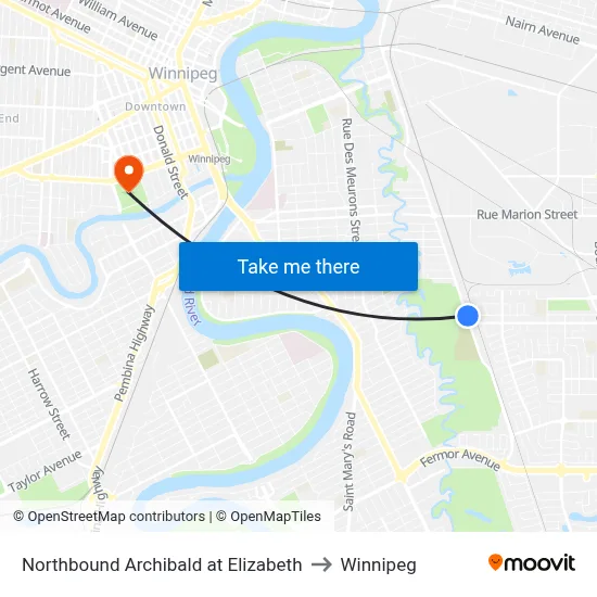 Northbound Archibald at Elizabeth to Winnipeg map