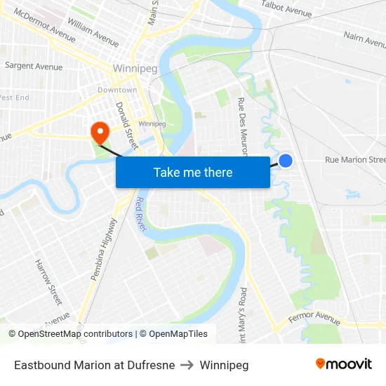 Eastbound Marion at Dufresne to Winnipeg map
