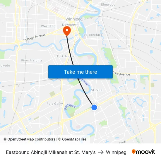 Eastbound Abinojii Mikanah at St. Mary's to Winnipeg map