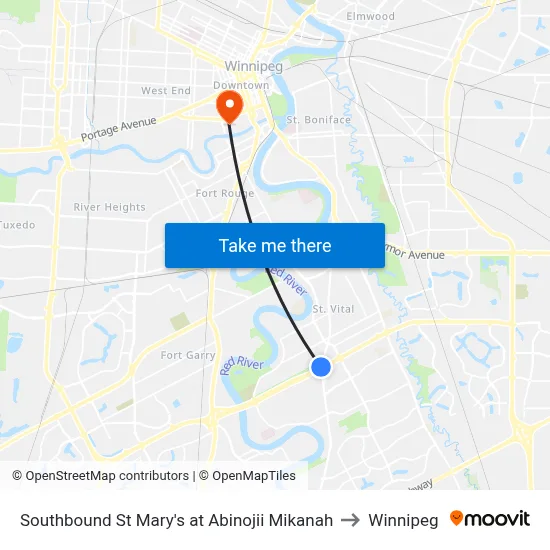 Southbound St Mary's at Abinojii Mikanah to Winnipeg map