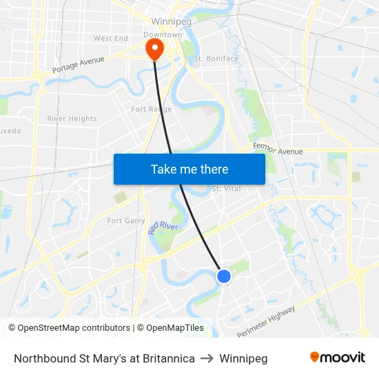 Northbound St Mary's at Britannica to Winnipeg map
