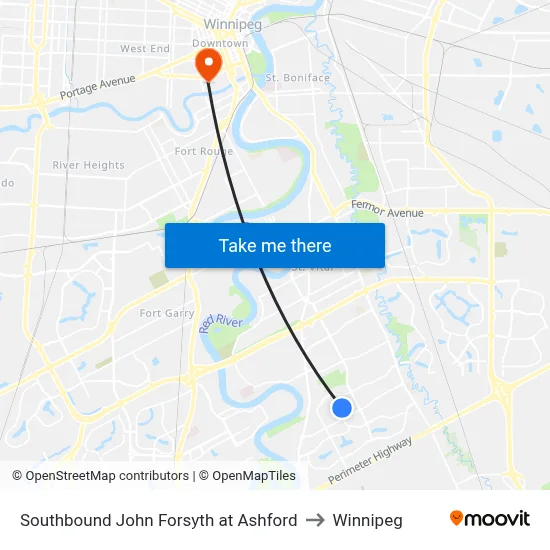 Southbound John Forsyth at Ashford to Winnipeg map