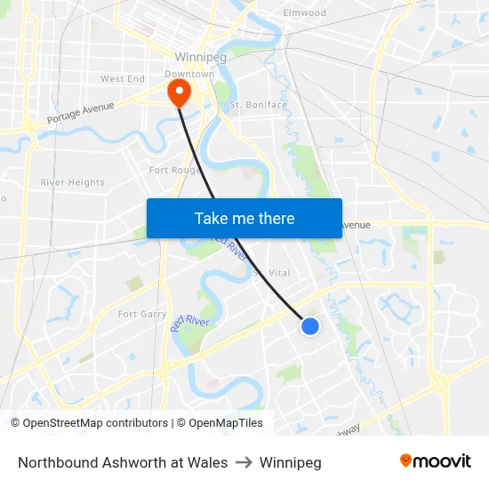 Northbound Ashworth at Wales to Winnipeg map