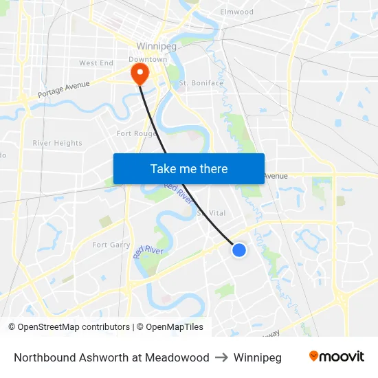 Northbound Ashworth at Meadowood to Winnipeg map
