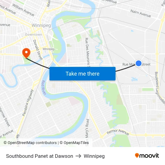Southbound Panet at Dawson to Winnipeg map