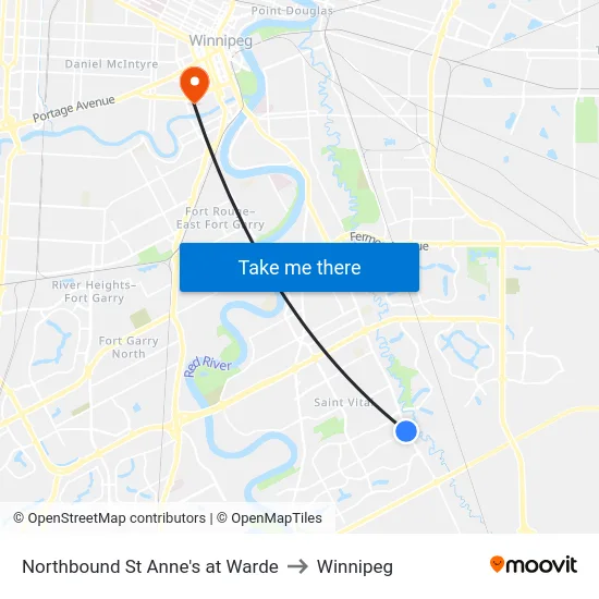 Northbound St Anne's at Warde to Winnipeg map