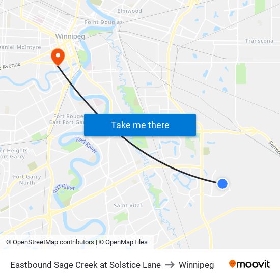 Eastbound Sage Creek at Solstice Lane to Winnipeg map