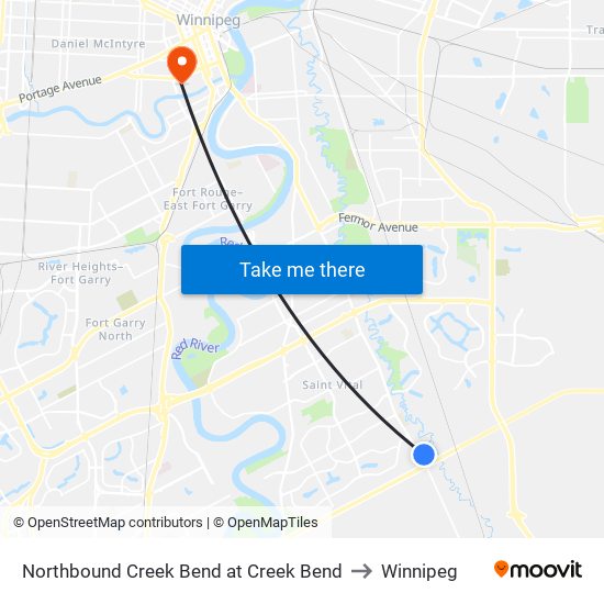 Northbound Creek Bend at Creek Bend to Winnipeg map