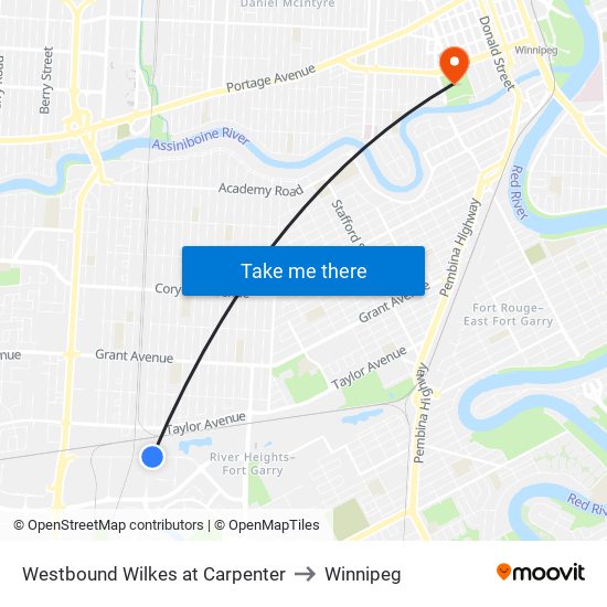 Westbound Wilkes at Carpenter to Winnipeg map