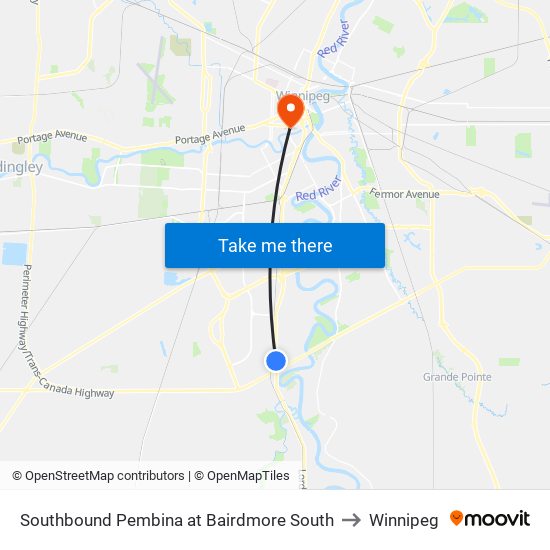 Southbound Pembina at Bairdmore South to Winnipeg map