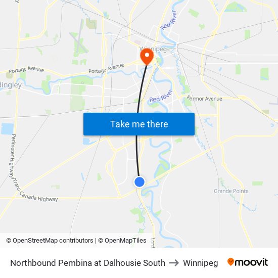 Northbound Pembina at Dalhousie South to Winnipeg map