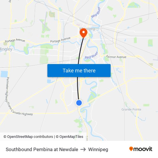 Southbound Pembina at Newdale to Winnipeg map