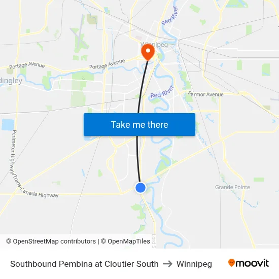 Southbound Pembina at Cloutier South to Winnipeg map