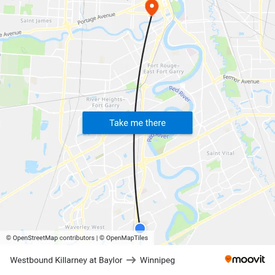 Westbound Killarney at Baylor to Winnipeg map