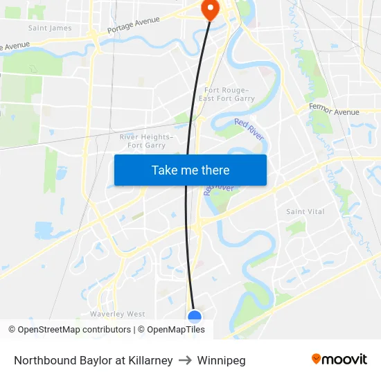 Northbound Baylor at Killarney to Winnipeg map