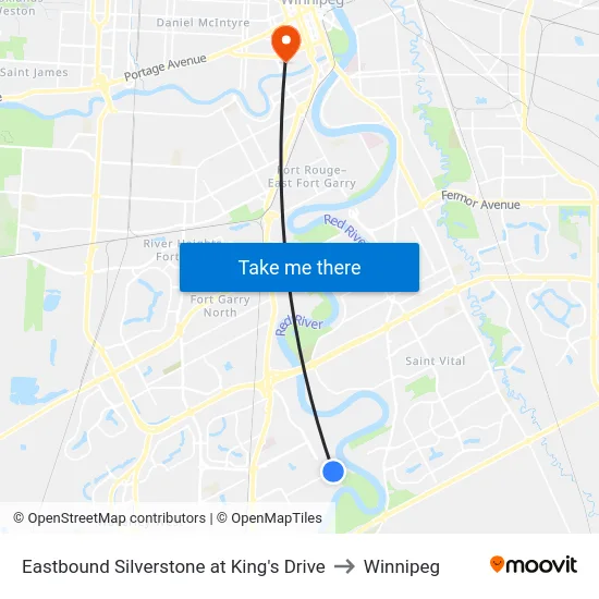 Eastbound Silverstone at King's Drive to Winnipeg map