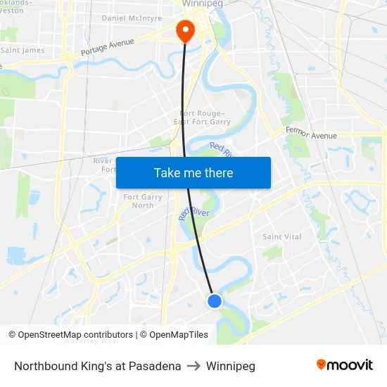 Northbound King's at Pasadena to Winnipeg map