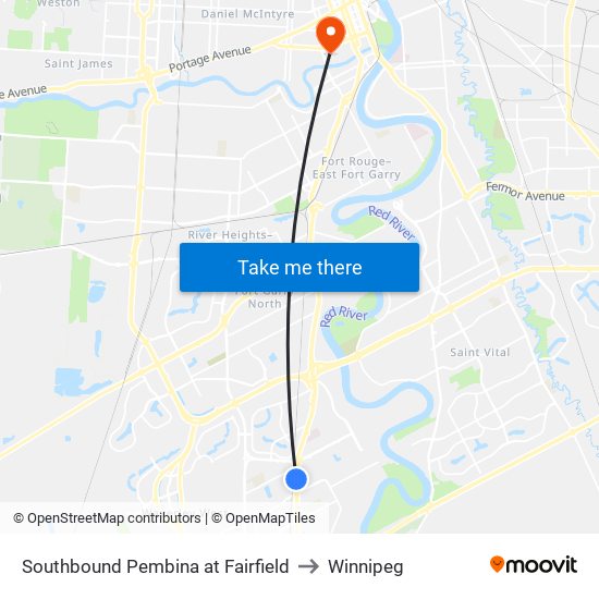 Southbound Pembina at Fairfield to Winnipeg map