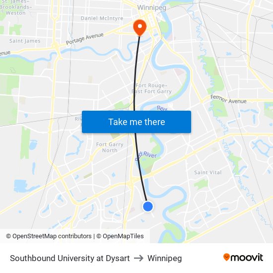 Southbound University at Dysart to Winnipeg map