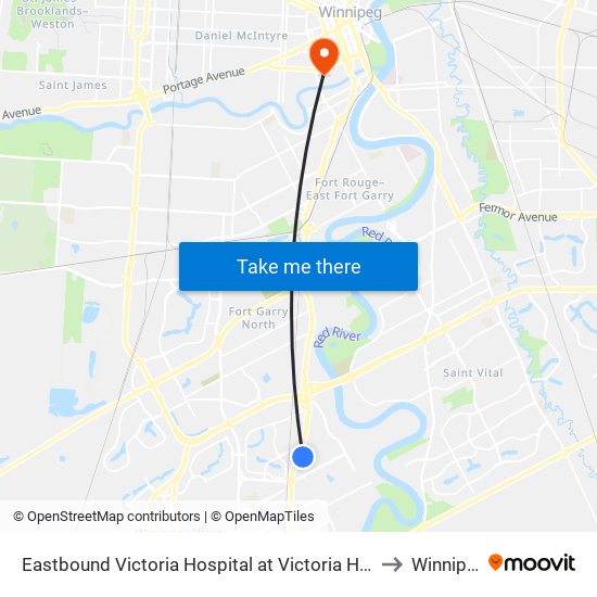 Eastbound Victoria Hospital at Victoria Hospital to Winnipeg map