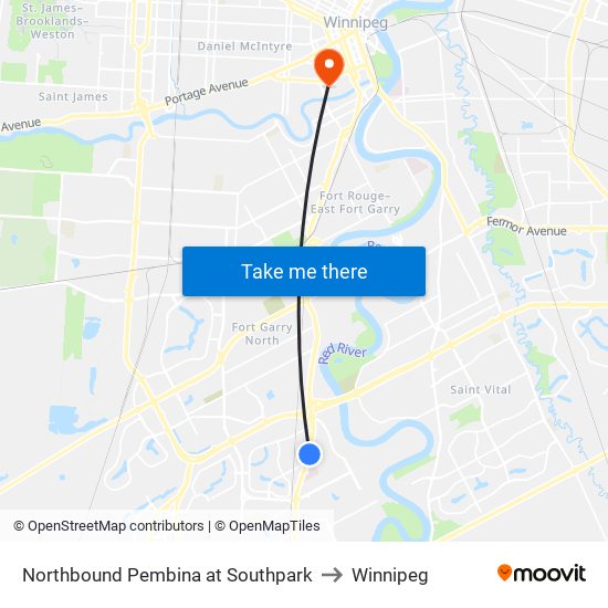 Northbound Pembina at Southpark to Winnipeg map
