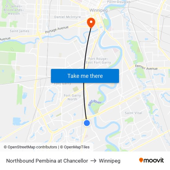 Northbound Pembina at Chancellor to Winnipeg map