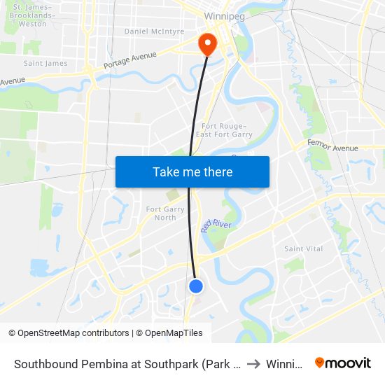 Southbound Pembina at Southpark (Park & Ride) to Winnipeg map