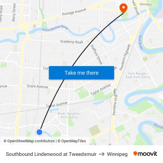 Southbound Lindenwood at Tweedsmuir to Winnipeg map