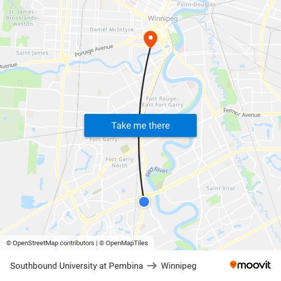 Southbound University at Pembina to Winnipeg map