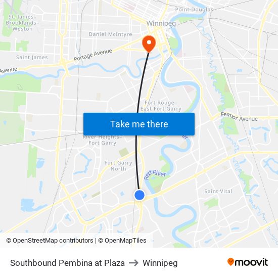 Southbound Pembina at Plaza to Winnipeg map