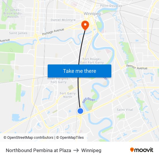 Northbound Pembina at Plaza to Winnipeg map