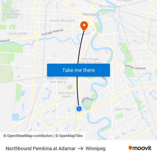 Northbound Pembina at Adamar to Winnipeg map