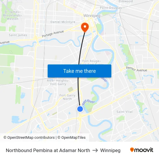 Northbound Pembina at Adamar North to Winnipeg map