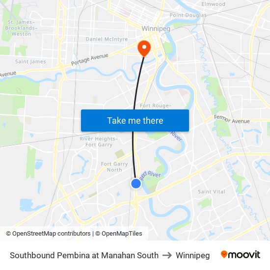 Southbound Pembina at Manahan South to Winnipeg map