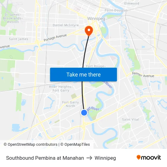 Southbound Pembina at Manahan to Winnipeg map