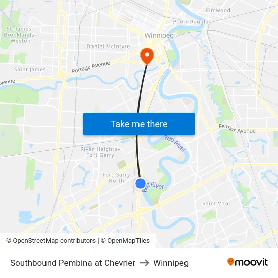 Southbound Pembina at Chevrier to Winnipeg map