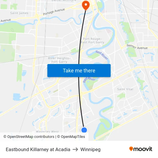 Eastbound Killarney at Acadia to Winnipeg map