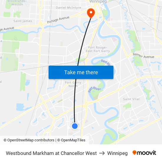 Westbound Markham at Chancellor West to Winnipeg map