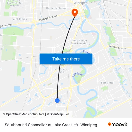 Southbound Chancellor at Lake Crest to Winnipeg map