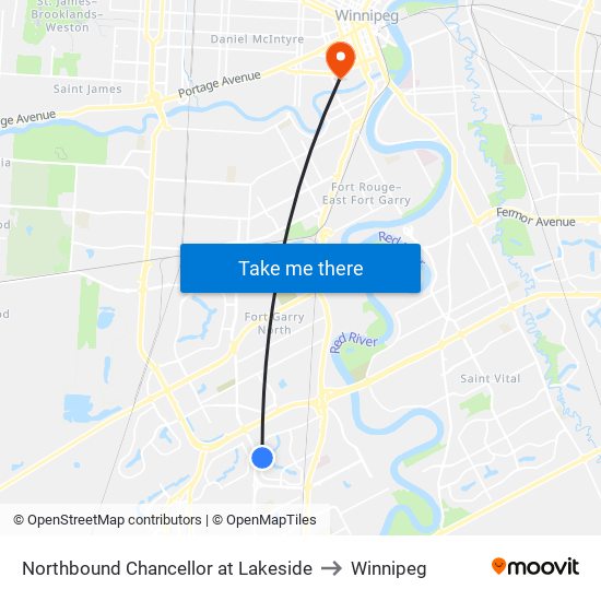 Northbound Chancellor at Lakeside to Winnipeg map