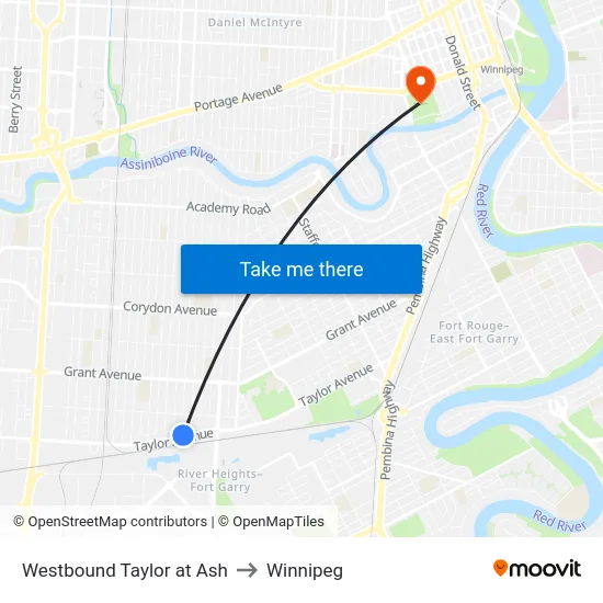 Westbound Taylor at Ash to Winnipeg map