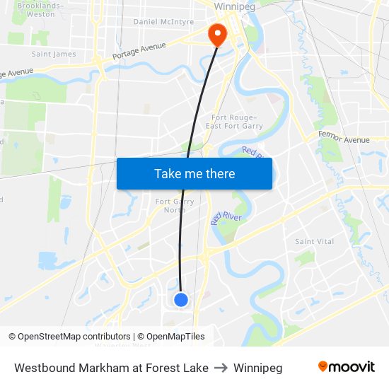 Westbound Markham at Forest Lake to Winnipeg map