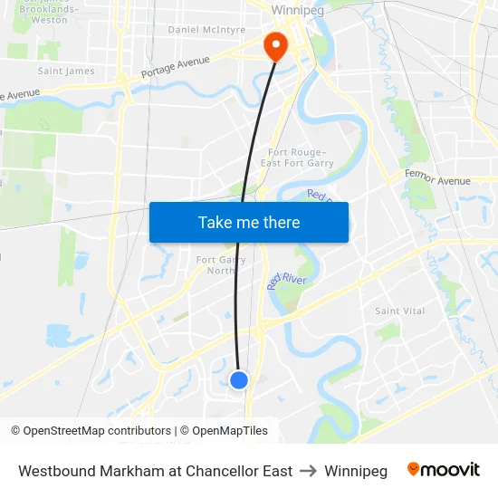 Westbound Markham at Chancellor East to Winnipeg map