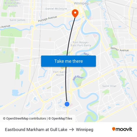 Eastbound Markham at Gull Lake to Winnipeg map