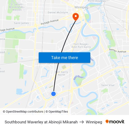 Southbound Waverley at Abinojii Mikanah to Winnipeg map