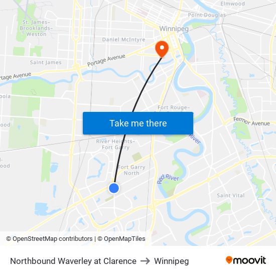 Northbound Waverley at Clarence to Winnipeg map