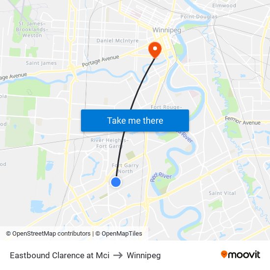 Eastbound Clarence at Mci to Winnipeg map