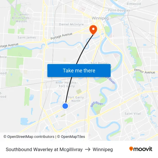 Southbound Waverley at Mcgillivray to Winnipeg map