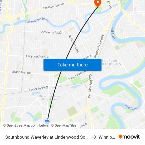 Southbound Waverley at Lindenwood South to Winnipeg map